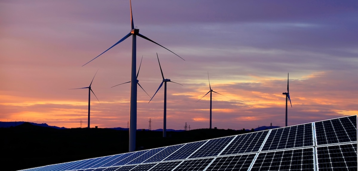 solar panels and wind turbines energy farm